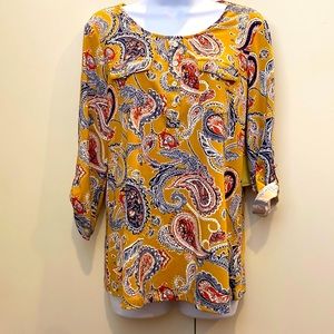 Per Ception Concept M honey mustard 3/4 sleeve blouse with blue and orange NWT